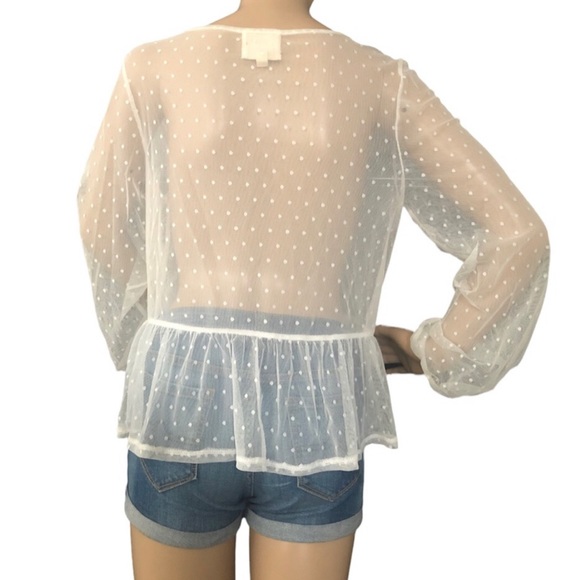 Mesh polka dot boho Flower vine appliqué off white long sleeve peplum top sz L - Picture 7 of 8